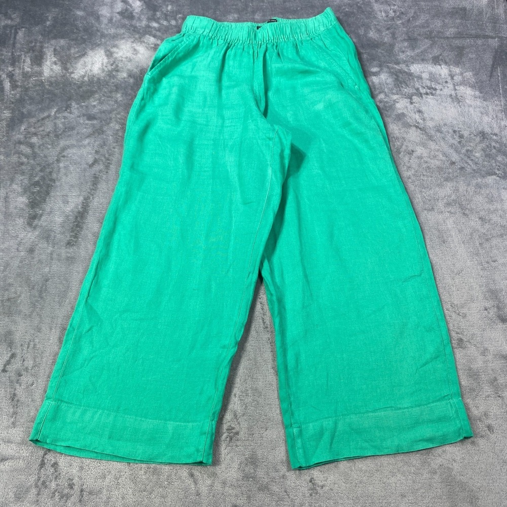 Tahari Wide Leg Pants Women Small Green 100% Linen Pull On Coastal Beach Stretch